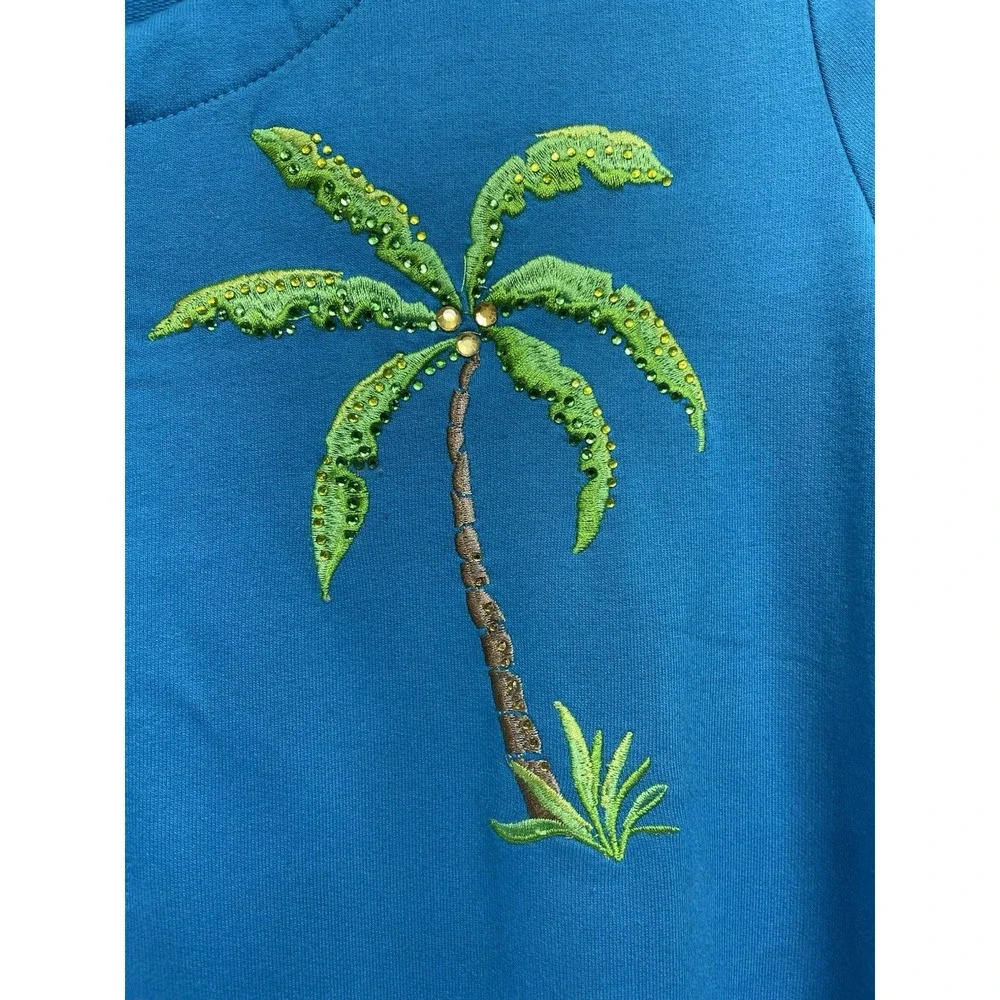 Quacker Factory French TerryDress Sz Small Blue Embroidered Palm Tree (C44) NWTs